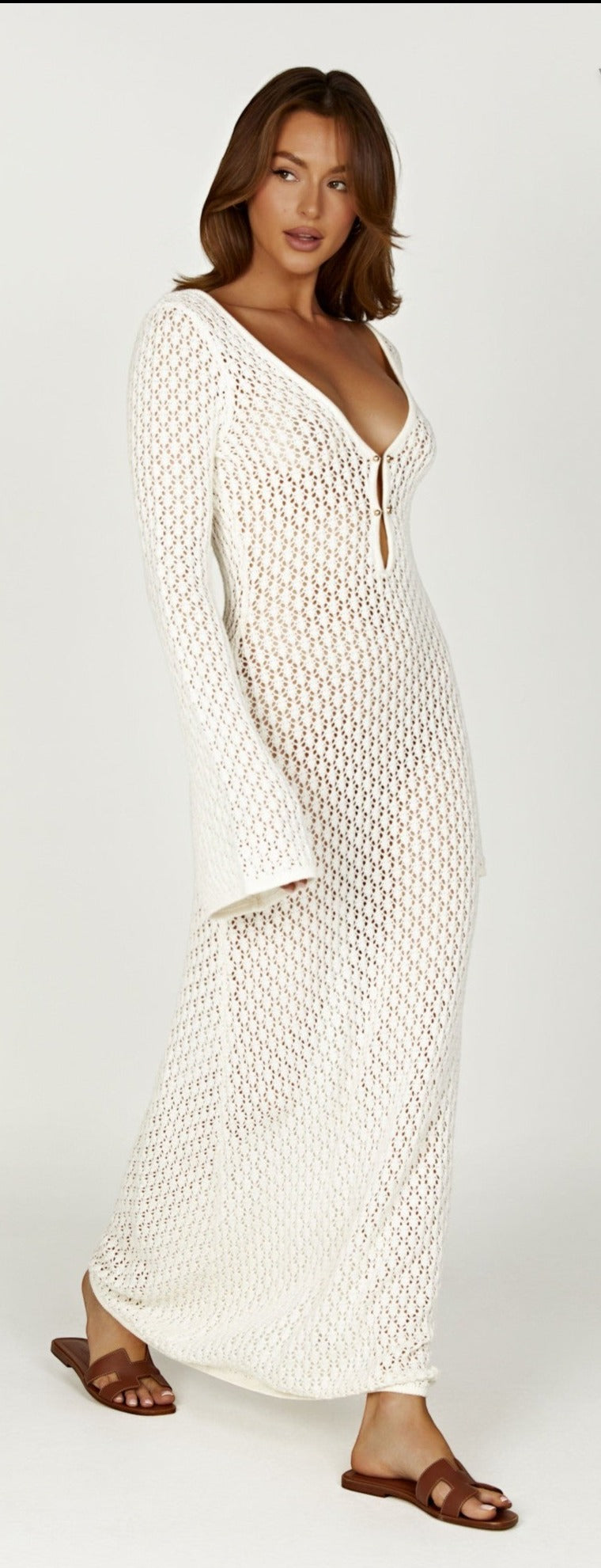 Beach Dress - Long Sleeve - Crochet - Maxi Dress - Beach Cover-Up Dresses-Fashion Nora