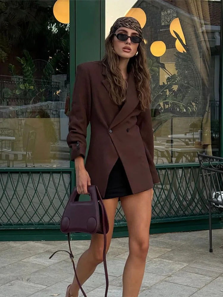 Blazer - Women's Oversized Double Breasted Long Blazer Jacket-Fashion Nora