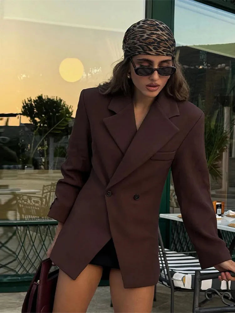Blazer - Women's Oversized Double Breasted Long Blazer Jacket-Fashion Nora
