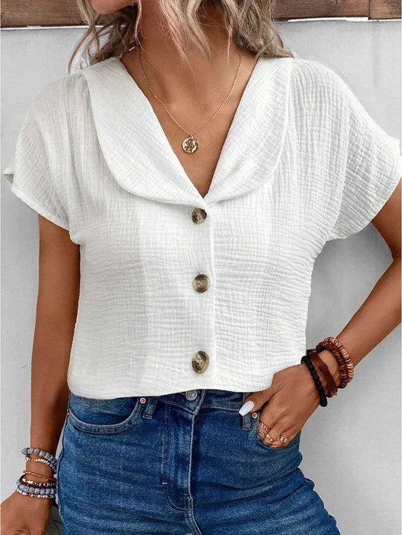Blouse - Women's Short Sleeve V-Neck Button-Up Summer Blouse-Fashion Nora