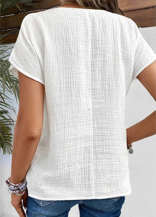 Blouse - Women's Short Sleeve V-Neck Button-Up Summer Blouse-Fashion Nora