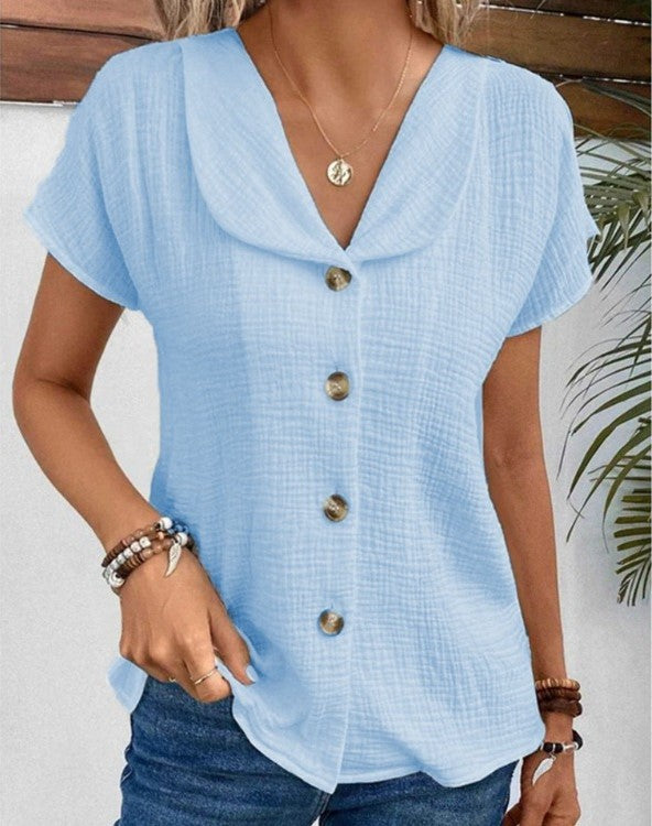 Blouse - Women's Short Sleeve V-Neck Button-Up Summer Blouse-Fashion Nora