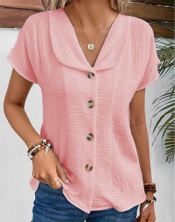 Blouse - Women's Short Sleeve V-Neck Button-Up Summer Blouse-Fashion Nora