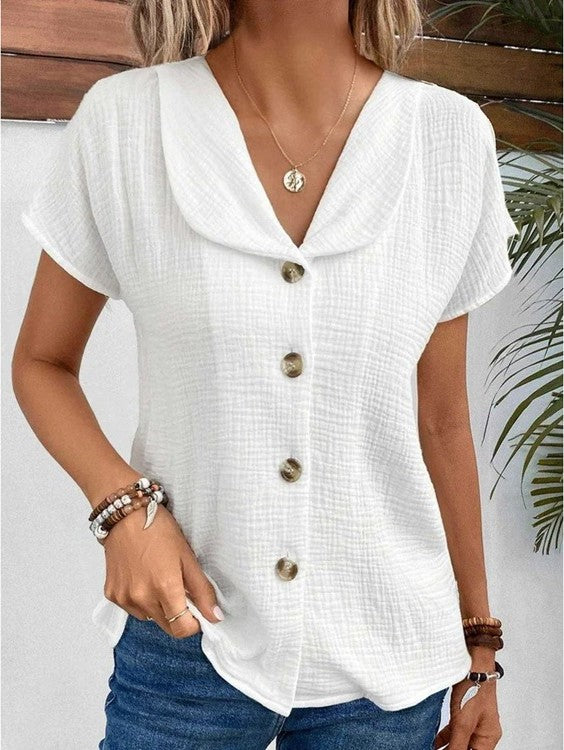 Blouse - Women's Short Sleeve V-Neck Button-Up Summer Blouse-Fashion Nora