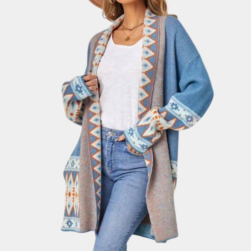 Blue Cardigan - Boho - Open Front - Long Cardigan - Women's Knitwear-Fashion Nora