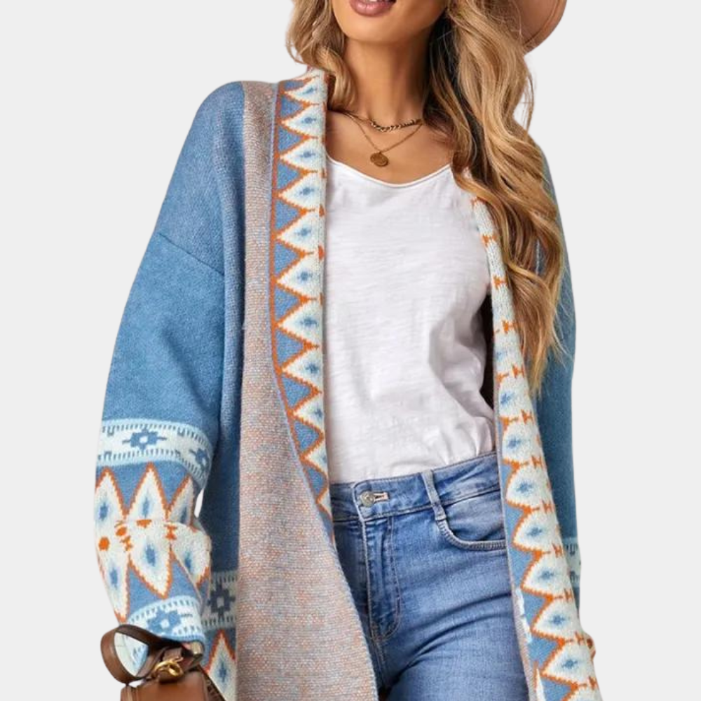 Blue Cardigan - Boho - Open Front - Long Cardigan - Women's Knitwear-Fashion Nora