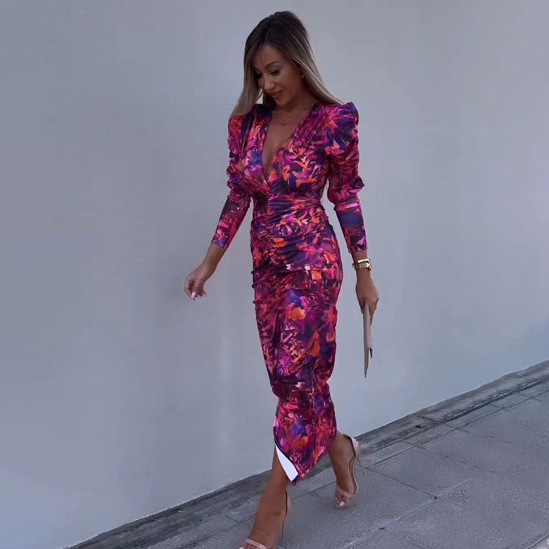Bodycon Dress - Long Sleeve - V-Neck - Maxi Dress - Summer Dress-Fashion Nora
