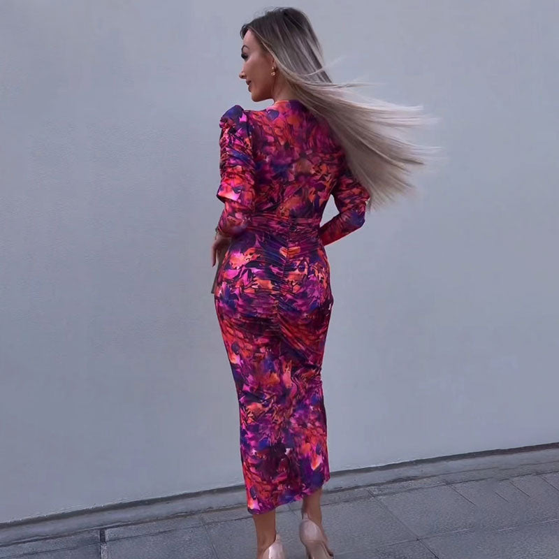 Bodycon Dress - Long Sleeve - V-Neck - Maxi Dress - Summer Dress-Fashion Nora