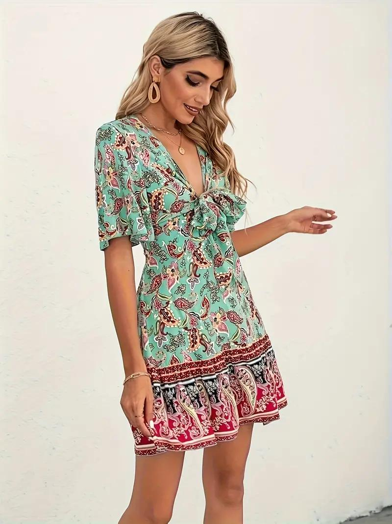 Boho Dress - Paisley Print - Short Sleeve - Mini Dress - Summer Dress-Fashion Nora
