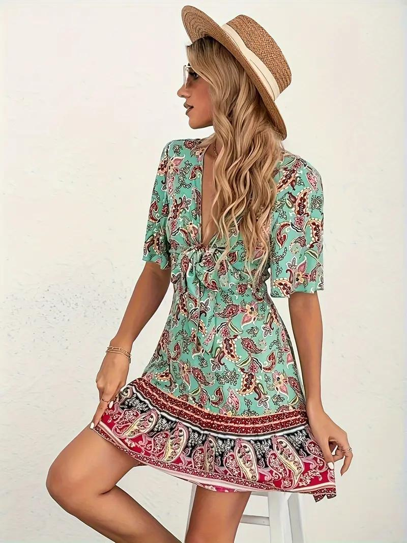 Boho Dress - Paisley Print - Short Sleeve - Mini Dress - Summer Dress-Fashion Nora