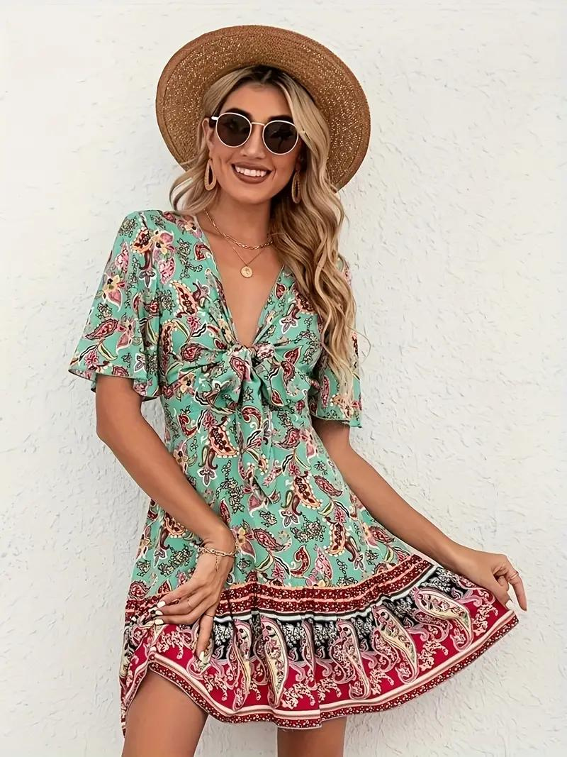 Boho Dress - Paisley Print - Short Sleeve - Mini Dress - Summer Dress-Fashion Nora