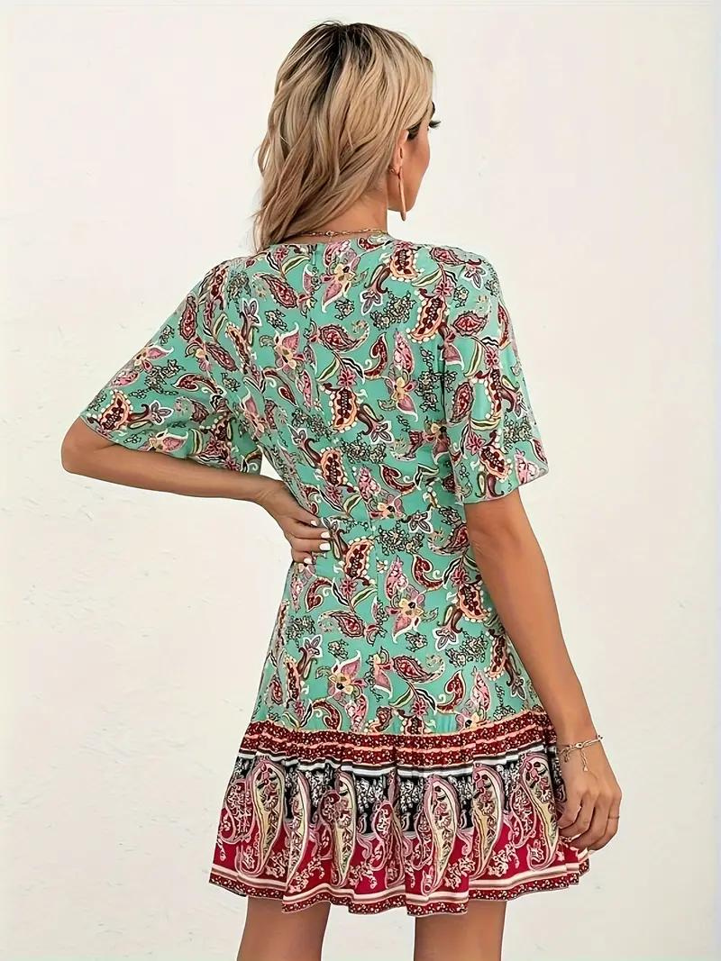 Boho Dress - Paisley Print - Short Sleeve - Mini Dress - Summer Dress-Fashion Nora