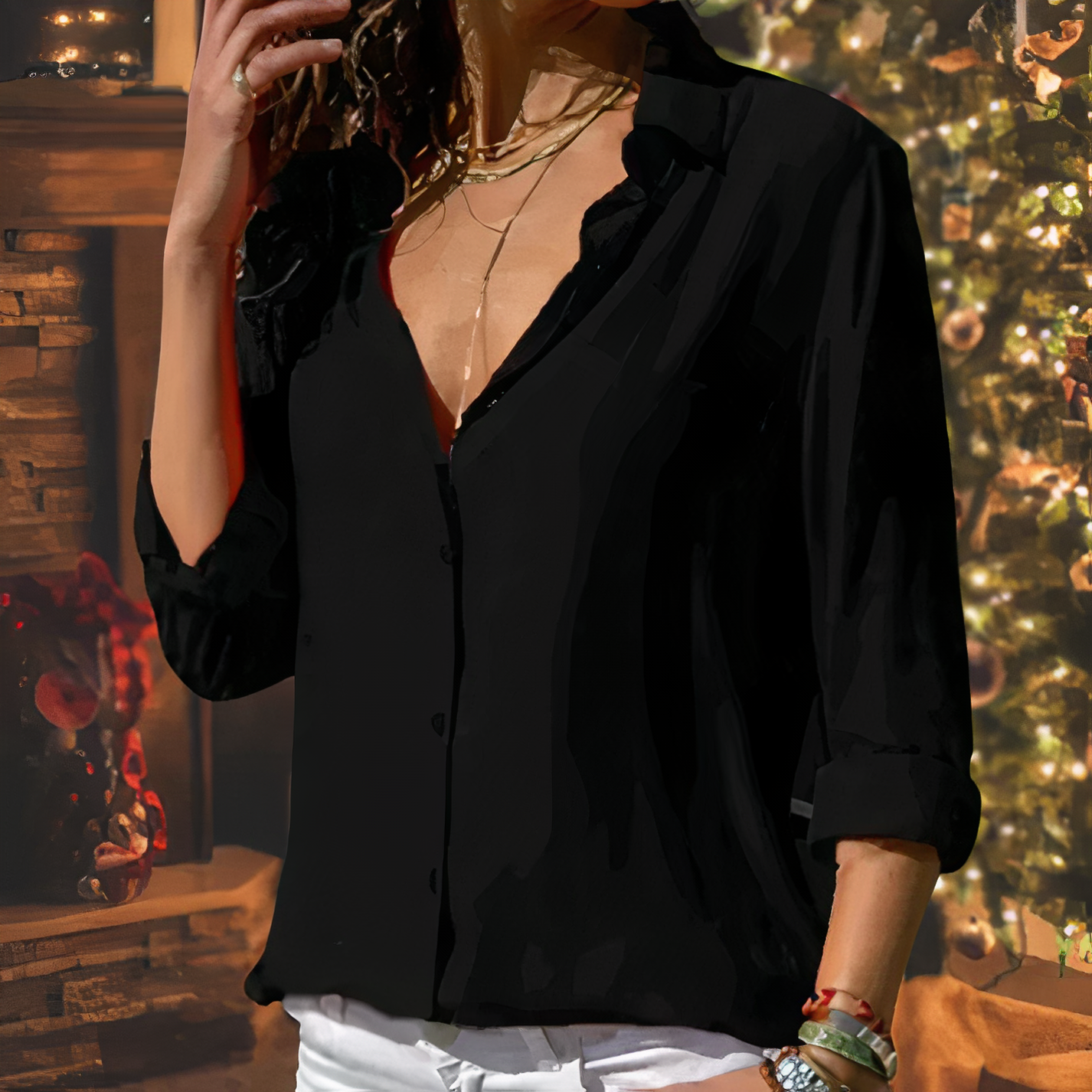 Button-Up Blouse | Loose Fit | Long Sleeve | Ladies Button-Up Shirt | Women's Blouse-Fashion Nora