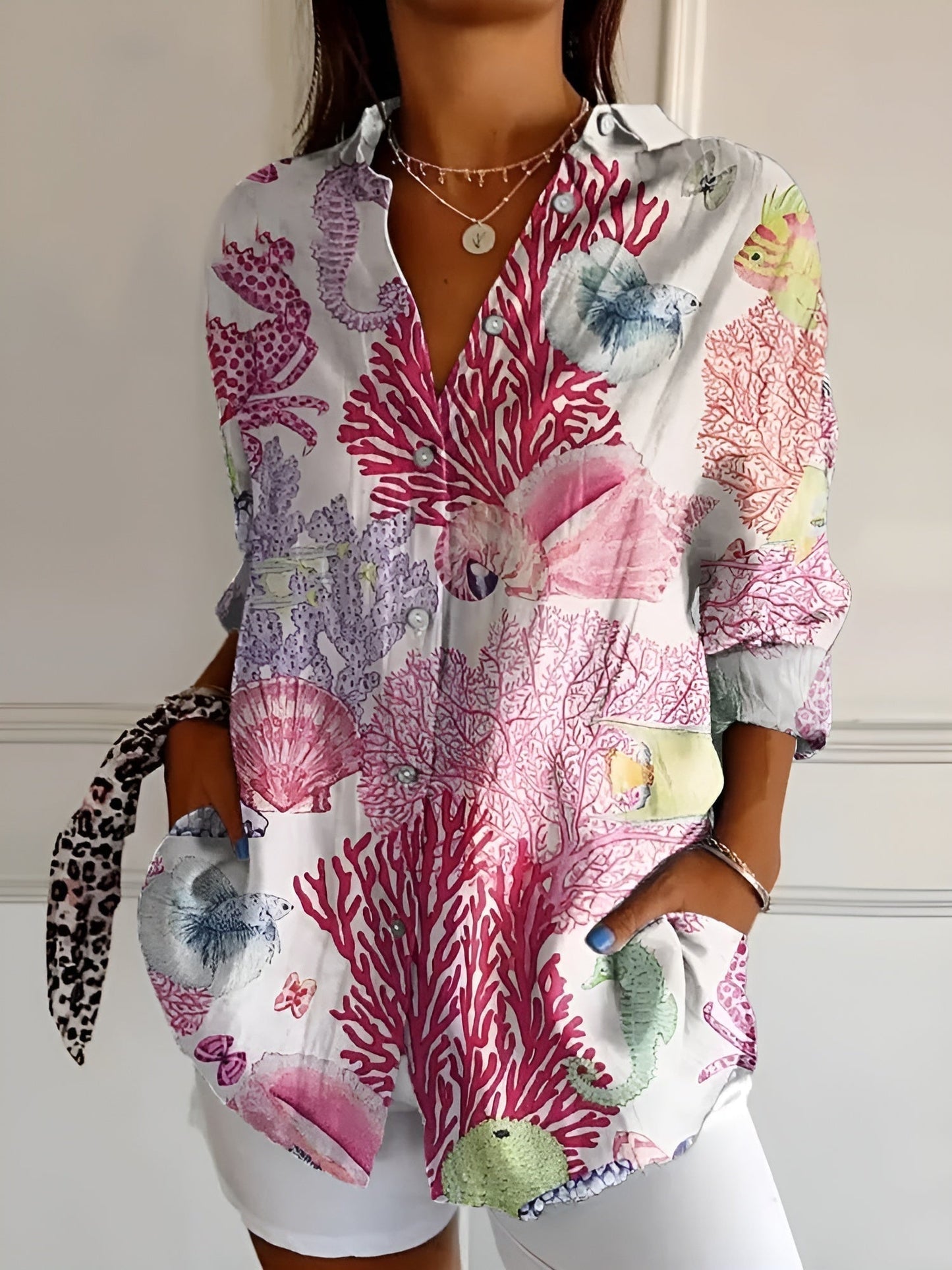 Button-Up Blouse | Printed | Loose Fit | Long Sleeve Blouse | Button-Up Shirts for Women-Fashion Nora