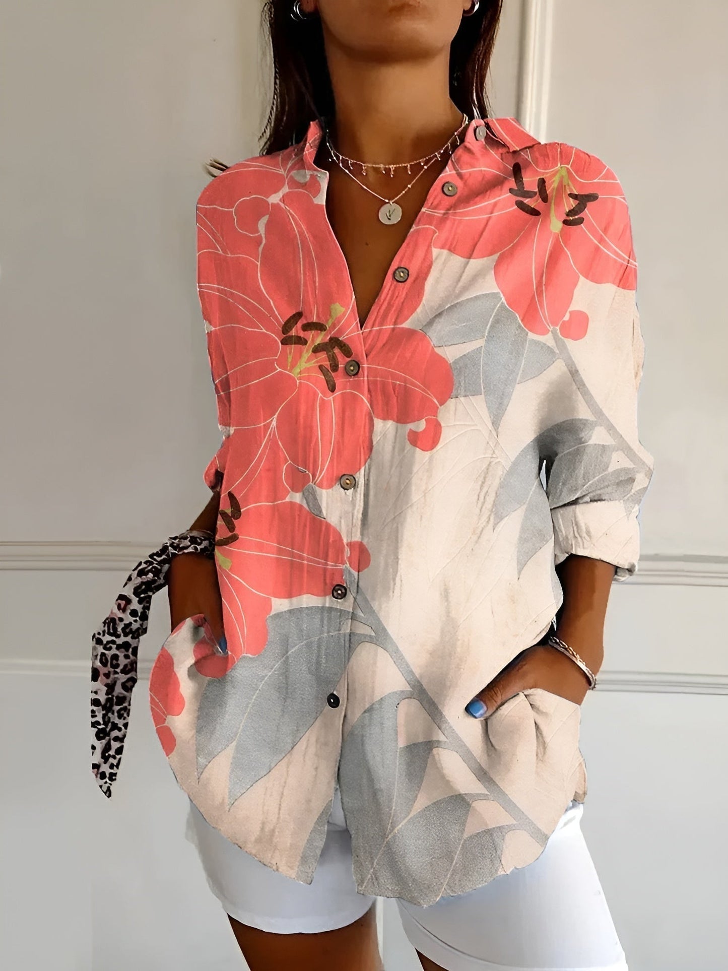 Button-Up Blouse | Printed | Loose Fit | Long Sleeve Blouse | Button-Up Shirts for Women-Fashion Nora