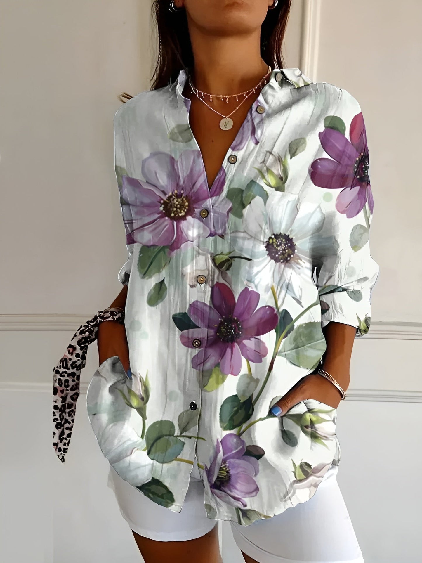 Button-Up Blouse | Printed | Loose Fit | Long Sleeve Blouse | Button-Up Shirts for Women-Fashion Nora