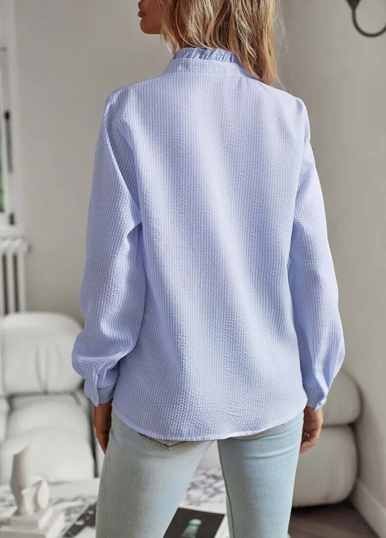 Button-Up Blouse | Striped | Long Sleeve | Ruffle Blouse | Button-Up Shirts for Women-Fashion Nora