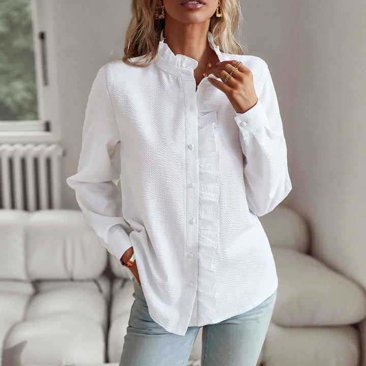 Button-Up Blouse | Striped | Long Sleeve | Ruffle Blouse | Button-Up Shirts for Women-Fashion Nora