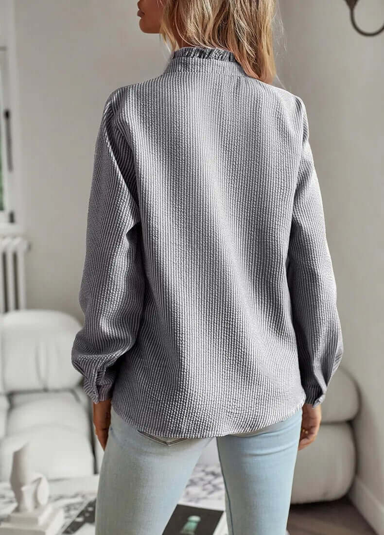 Button-Up Blouse | Striped | Long Sleeve | Ruffle Blouse | Button-Up Shirts for Women-Fashion Nora