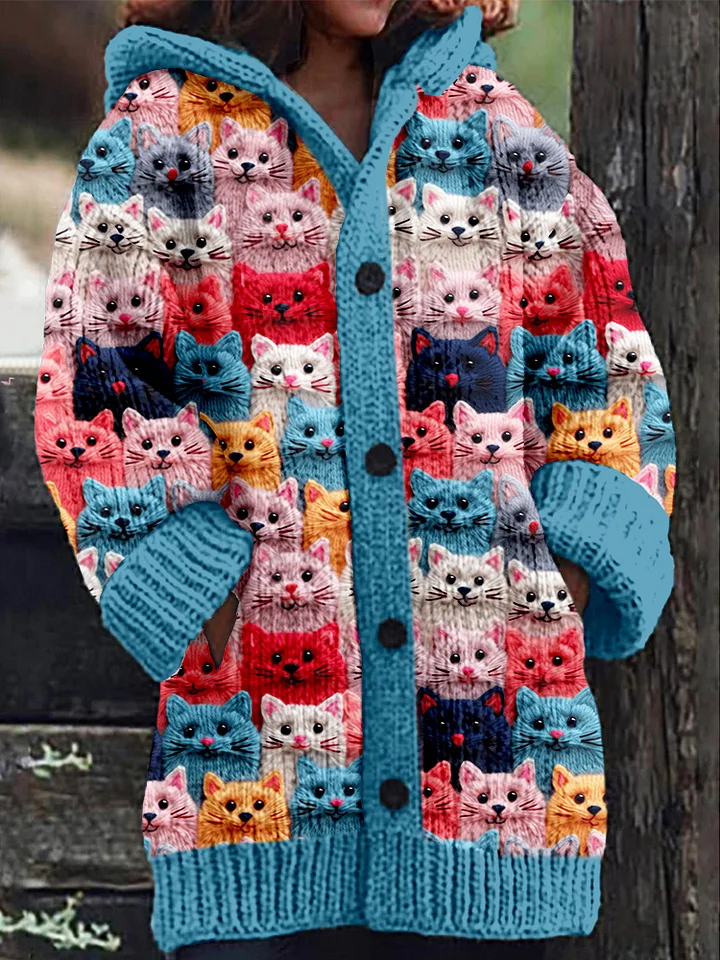 Cardigan Jacket - Women's Warm Cat Print Long Knitted Cardigan-Fashion Nora