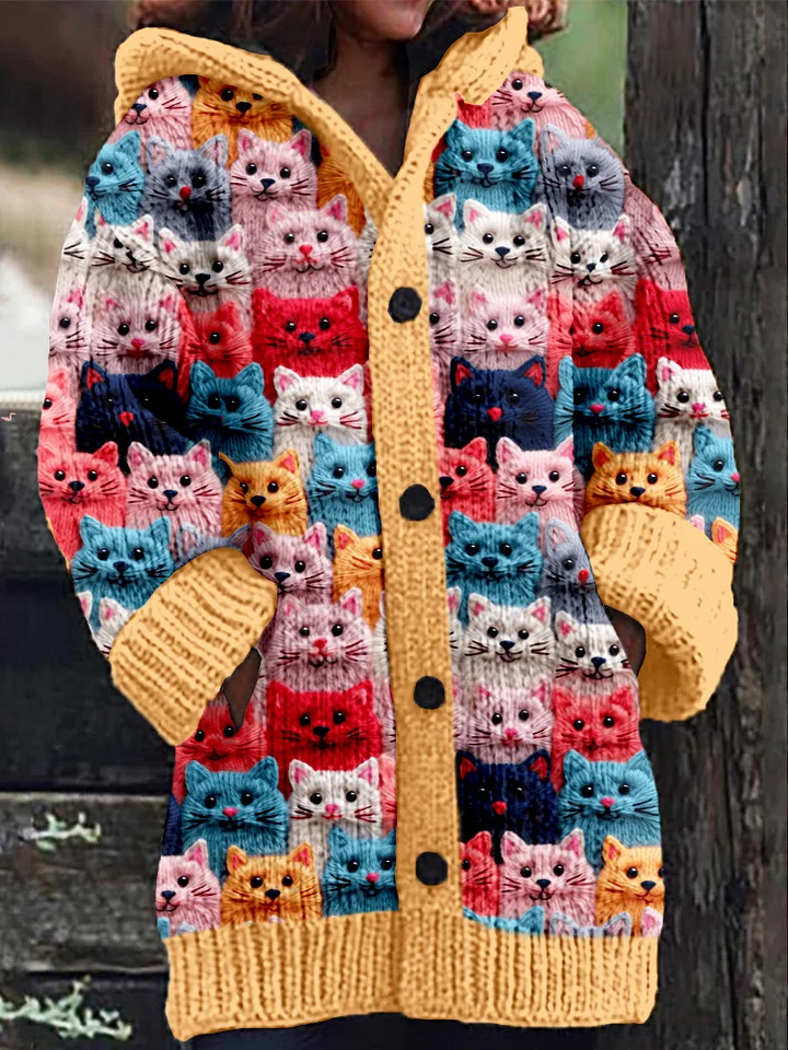 Cardigan Jacket - Women's Warm Cat Print Long Knitted Cardigan-Fashion Nora