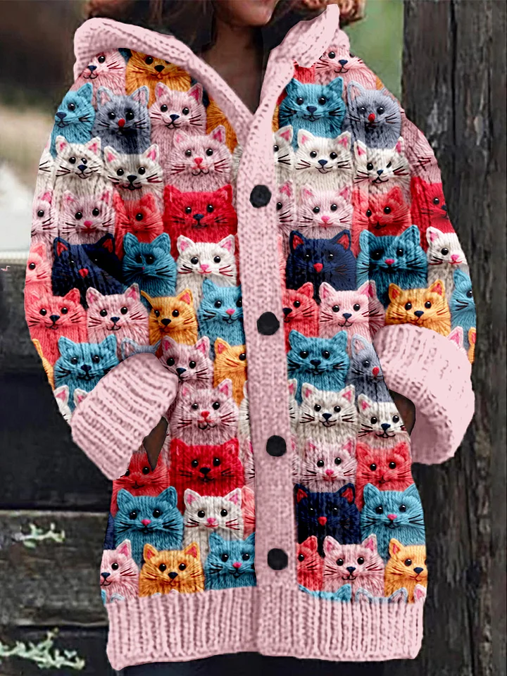 Cardigan Jacket - Women's Warm Cat Print Long Knitted Cardigan-Fashion Nora