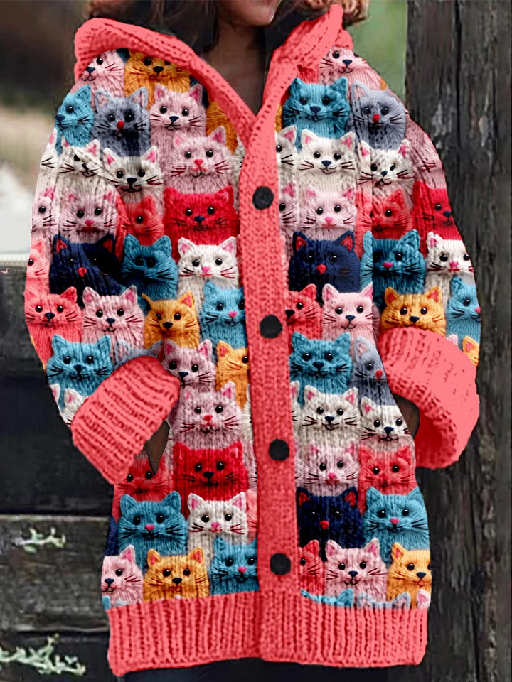 Cardigan Jacket - Women's Warm Cat Print Long Knitted Cardigan-Fashion Nora