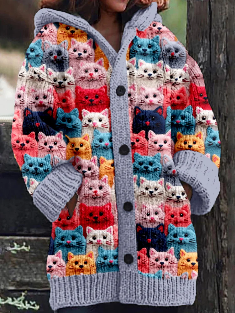 Cardigan Jacket - Women's Warm Cat Print Long Knitted Cardigan-Fashion Nora