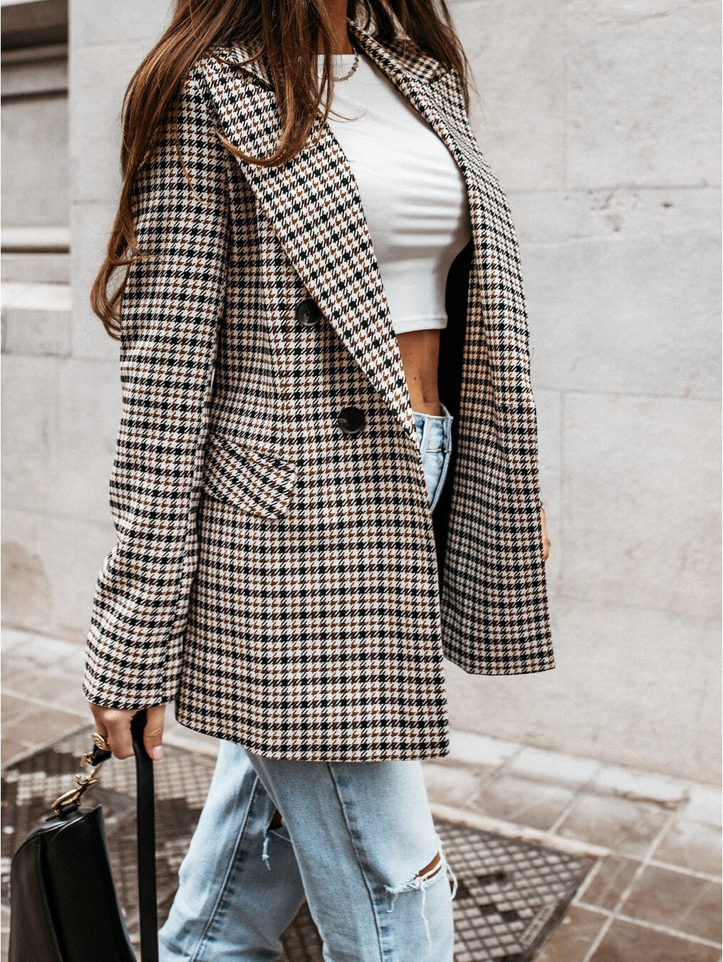 Checkered Blazer - Long - Double Breasted - Women's Blazer - Women's Jacket-Fashion Nora