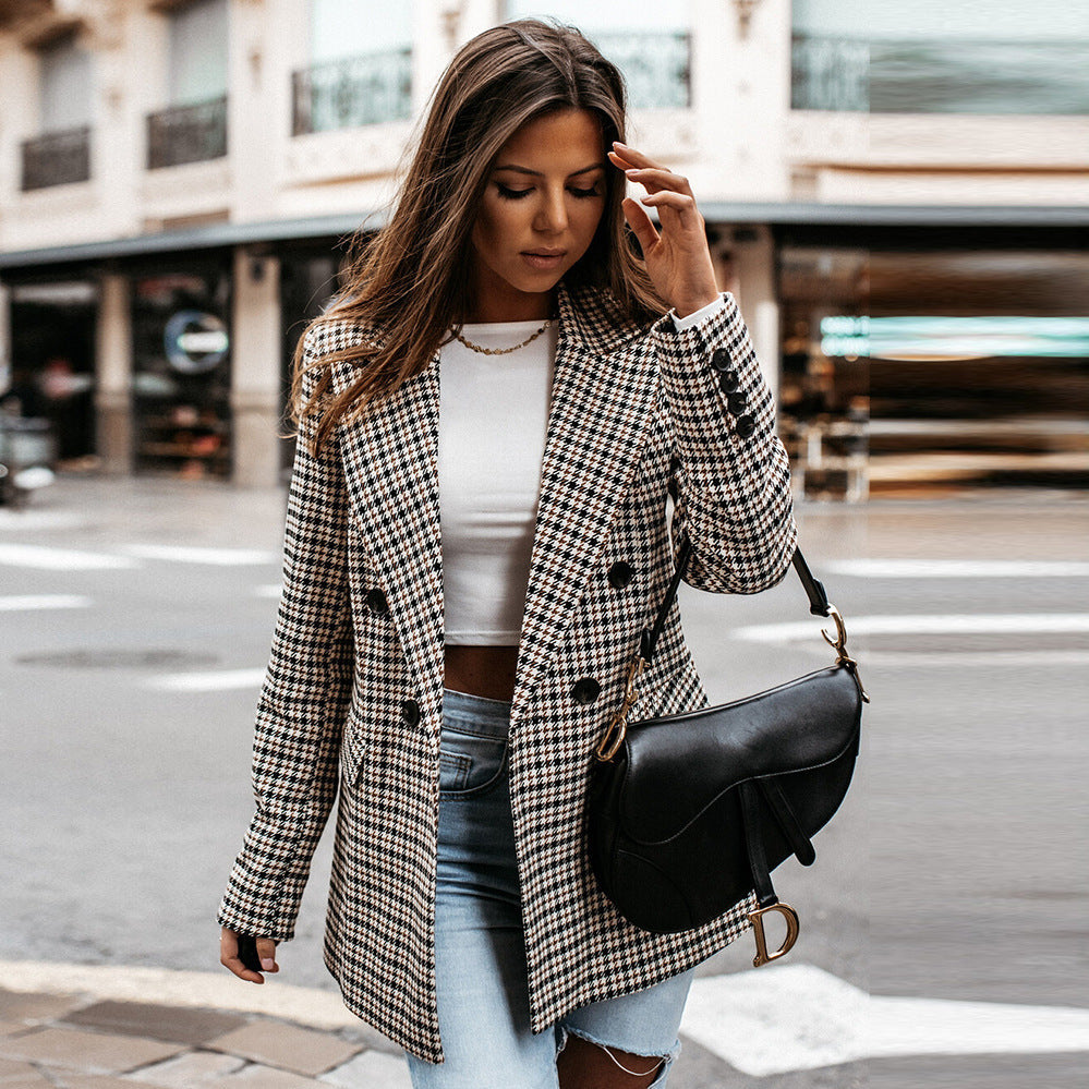 Checkered Blazer - Long - Double Breasted - Women's Blazer - Women's Jacket-Fashion Nora