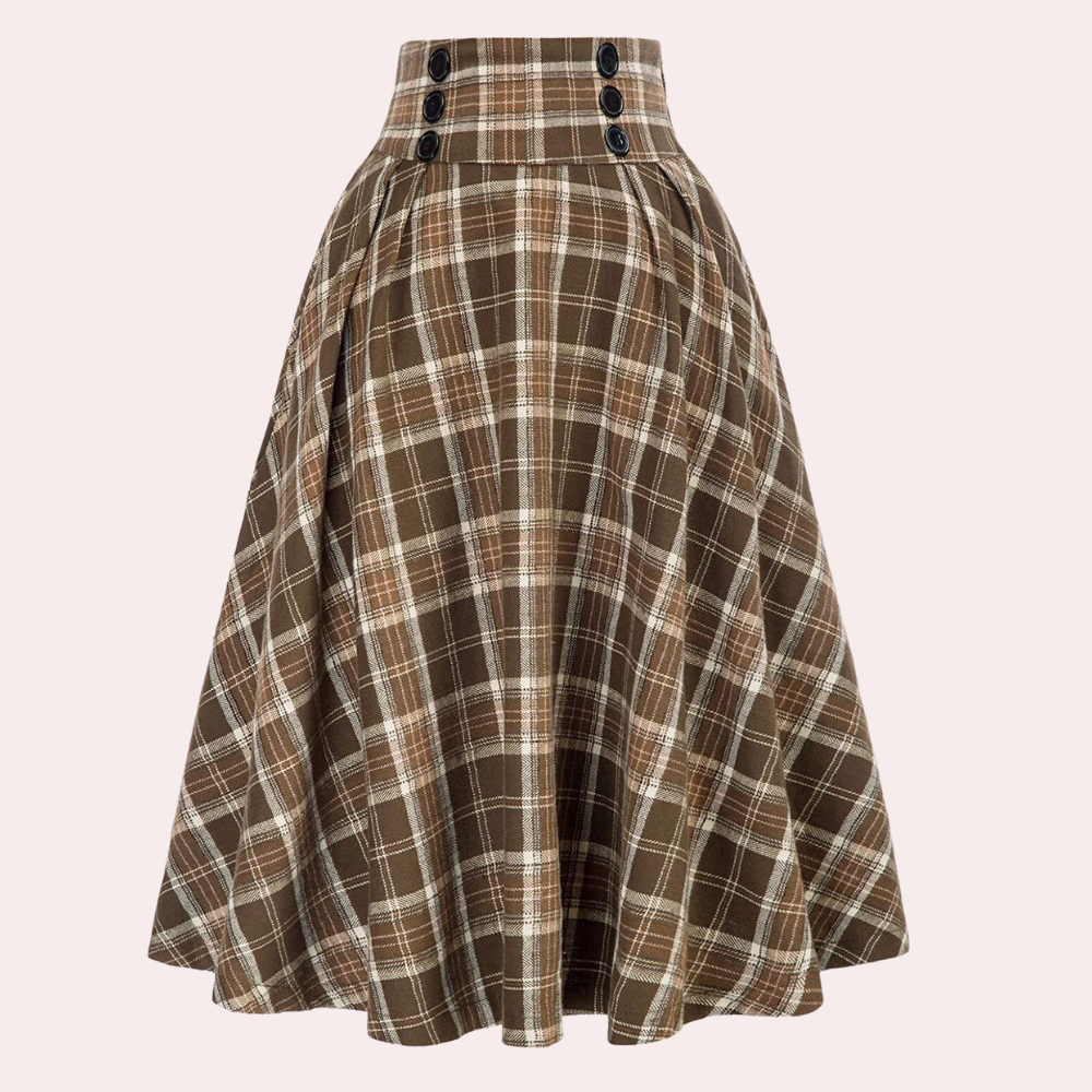 Checkered Skirt - Women's High Waisted Plaid Midi Bell Skirt-Fashion Nora