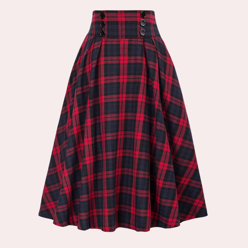 Checkered Skirt - Women's High Waisted Plaid Midi Bell Skirt-Fashion Nora