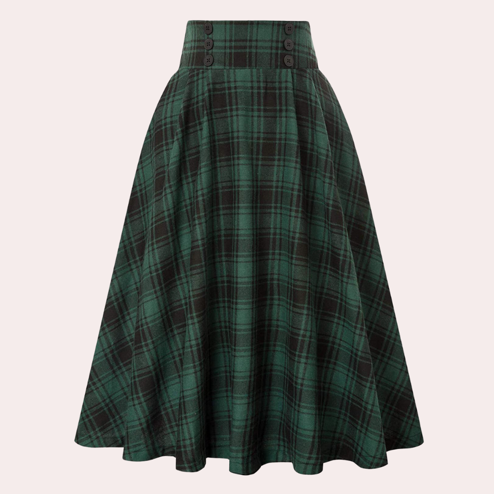 Checkered Skirt - Women's High Waisted Plaid Midi Bell Skirt-Fashion Nora