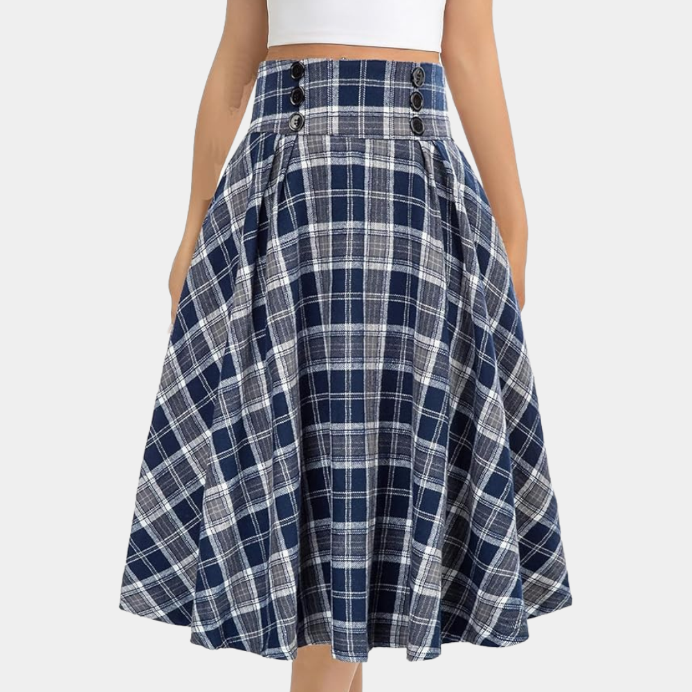 Checkered Skirt - Women's High Waisted Plaid Midi Bell Skirt-Fashion Nora