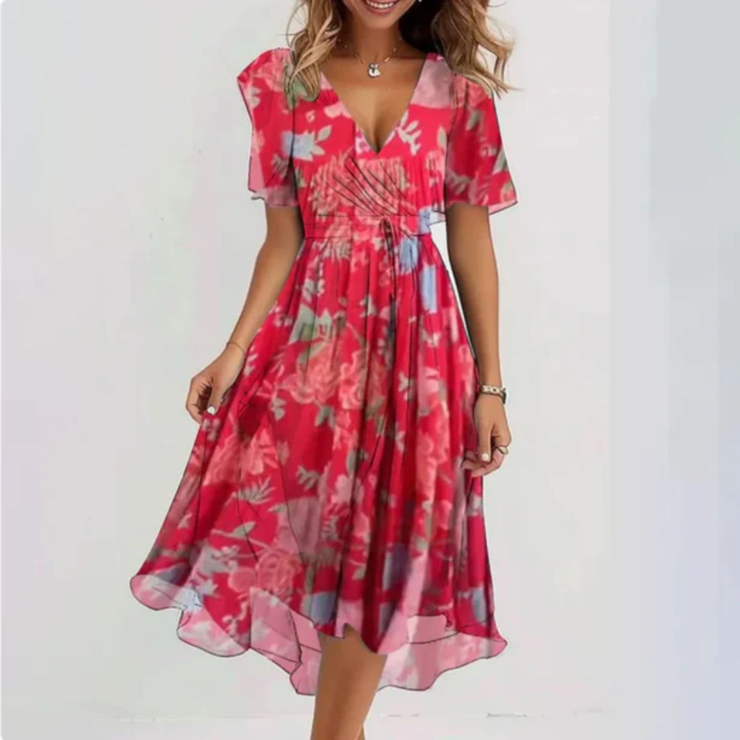 Chiffon Dress - V-Neck - Butterfly Sleeve - Midi Dress - Summer Dress-Fashion Nora
