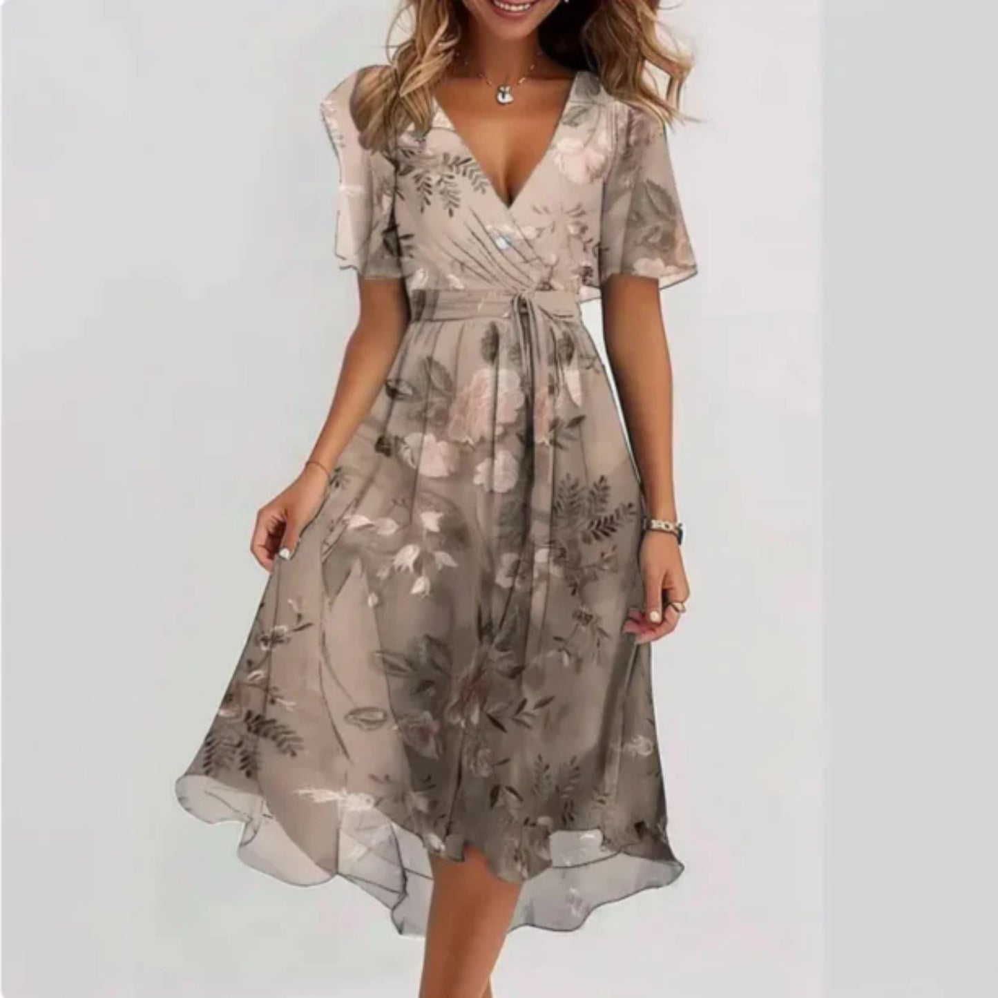 Chiffon Dress - V-Neck - Butterfly Sleeve - Midi Dress - Summer Dress-Fashion Nora