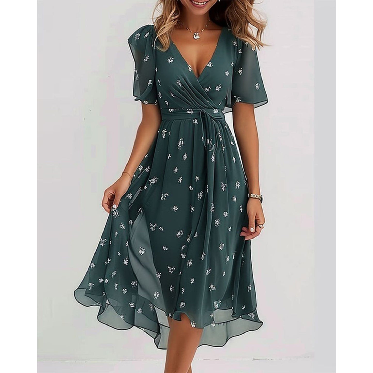 Chiffon Dress - V-Neck - Butterfly Sleeve - Midi Dress - Summer Dress-Fashion Nora