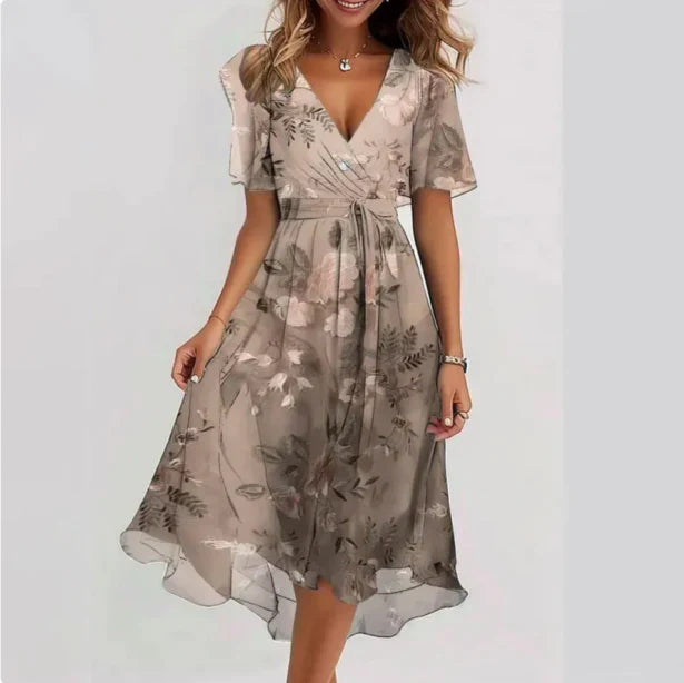 Chiffon Dress | V-Neck | Butterfly Sleeve | Midi dress | Elegant Dress-Fashion Nora