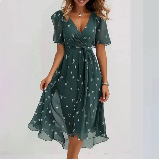 Chiffon Dress | V-Neck | Butterfly Sleeve | Midi dress | Elegant Dress-Fashion Nora