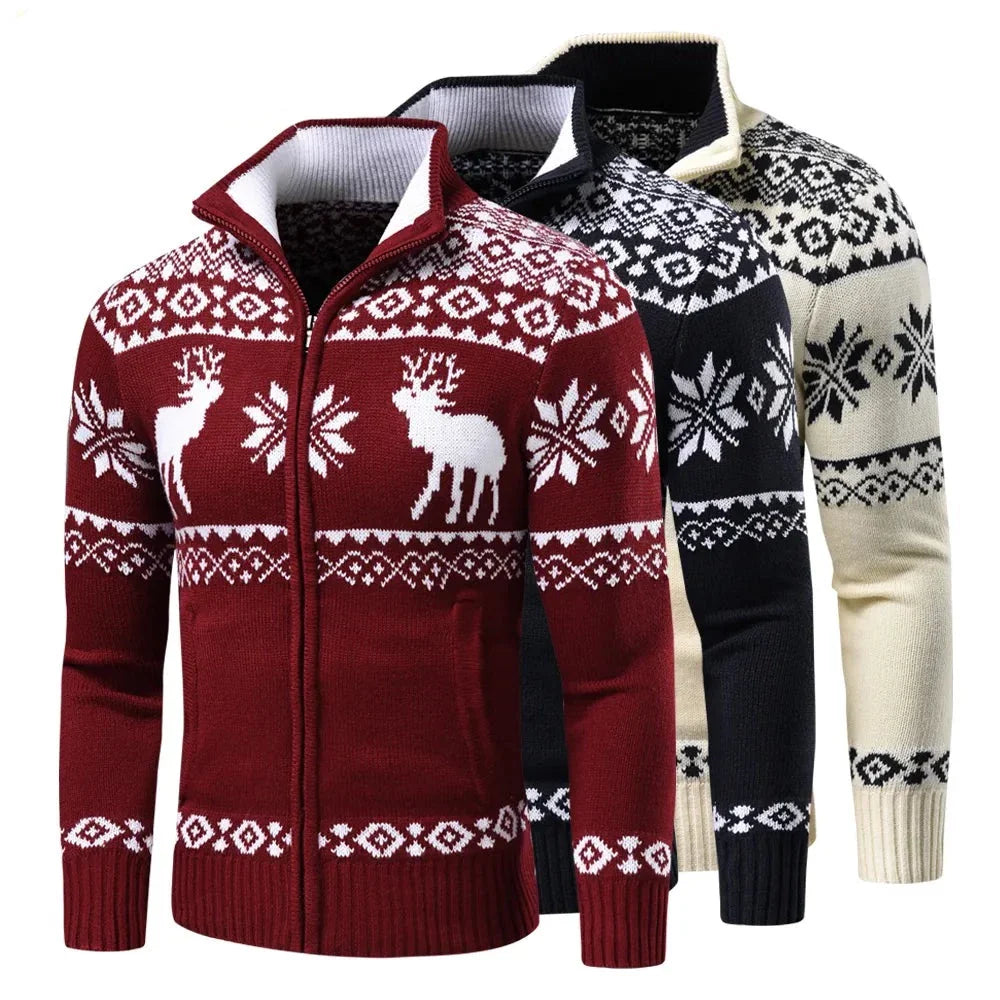 Christmas Cardigan Zip Up Standing Collar Knitted Cardigan Men Fashion Nora