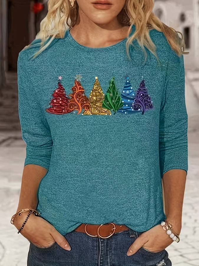 Christmas Pullover - Women's Loose Fit Christmas Tree Long Sleeve Shirt-Fashion Nora