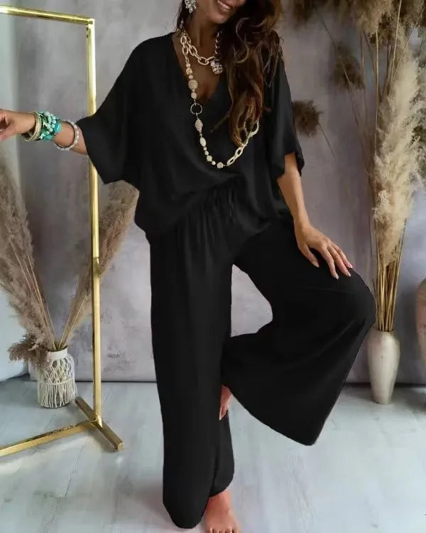 Co-Ord Set | Two-Piece | Loose Fit | Wide Leg Pants and Top | Summer Clothes-Fashion Nora