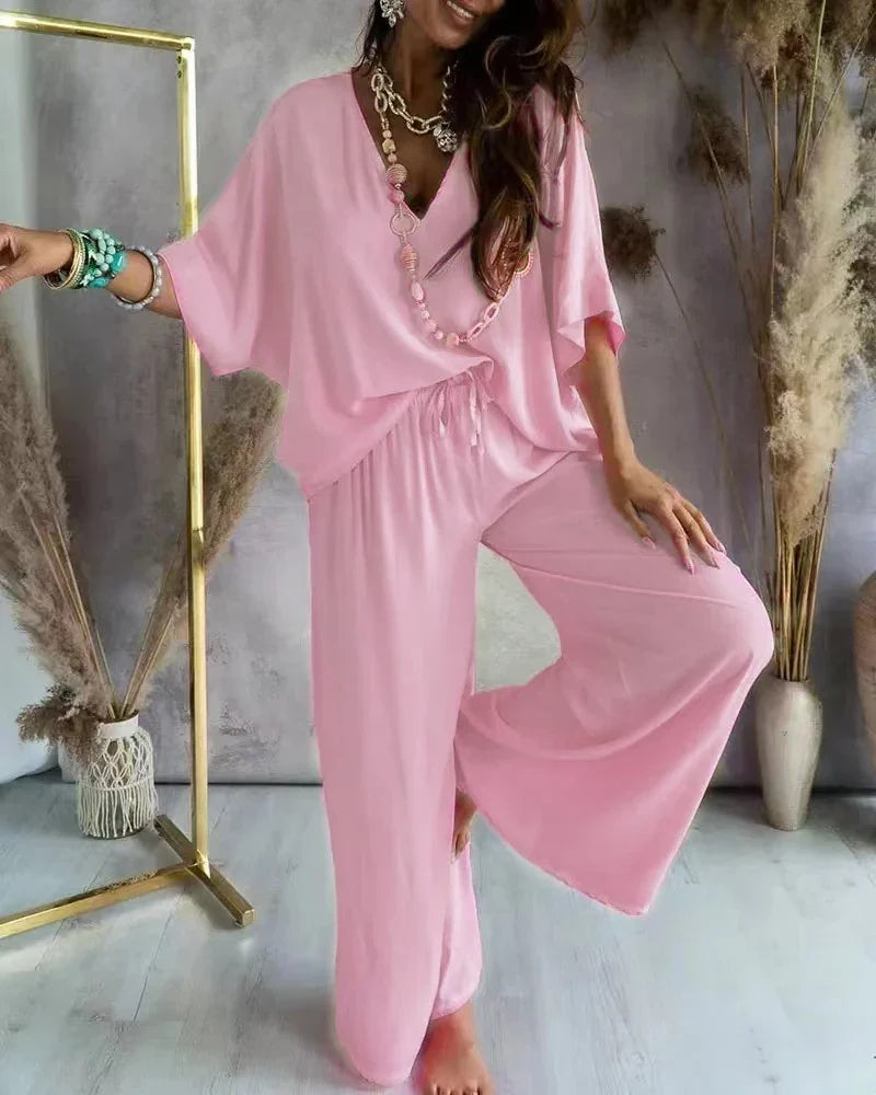 Co-Ord Set | Two-Piece | Loose Fit | Wide Leg Pants and Top | Summer Clothes-Fashion Nora