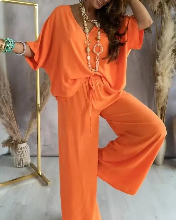Co-Ord Set | Two-Piece | Loose Fit | Wide Leg Pants and Top | Summer Clothes-Fashion Nora