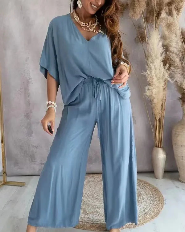 Co-Ord Set | Two-Piece | Loose Fit | Wide Leg Pants and Top | Summer Clothes-Fashion Nora