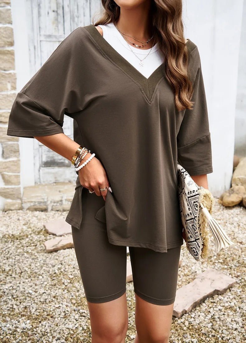 Co-Ord Set - Women's Oversized T-Shirt and Biker Shorts Two-Piece Set-Fashion Nora