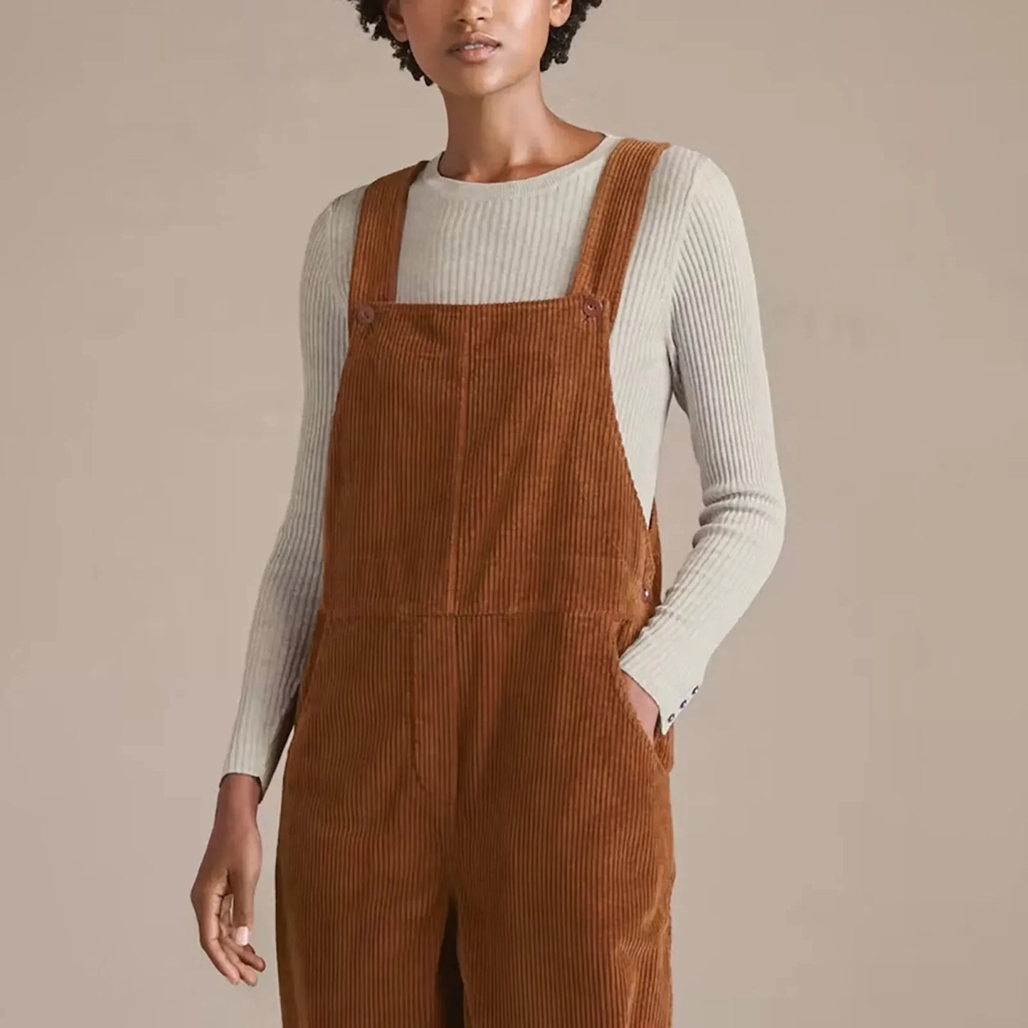Corduroy Dungarees | Brown | Sleeveless | Corduroy Jumsuit | Women's Overalls-Fashion Nora