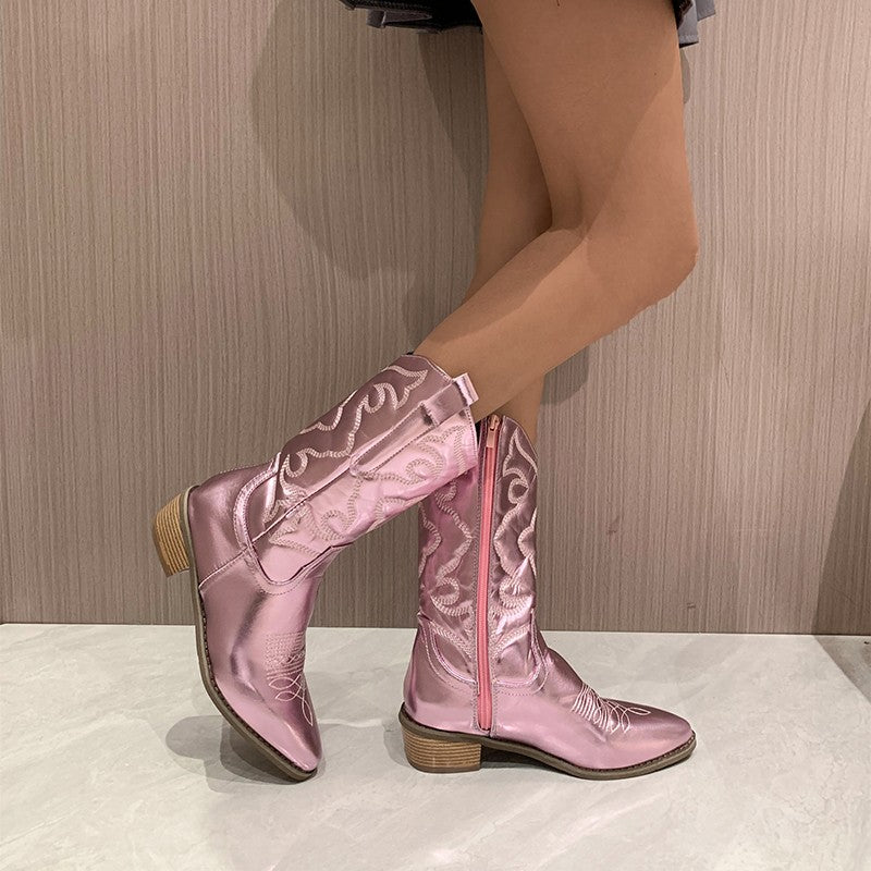 Cowboy Boots - Metallic - Mid Heel - Western Boots - Cowgirl Boots-Fashion Nora