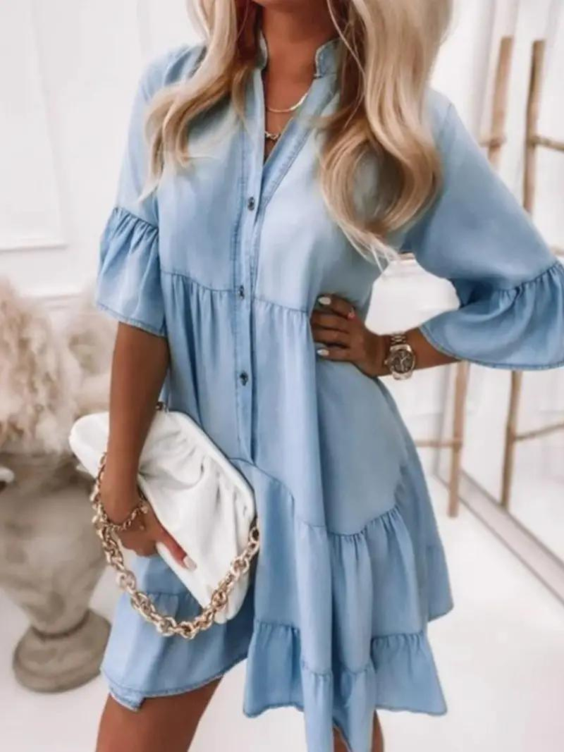 Denim Dress, Loose Fit, Half Sleeve, Ruffle Dress, Summer Dress-Fashion Nora