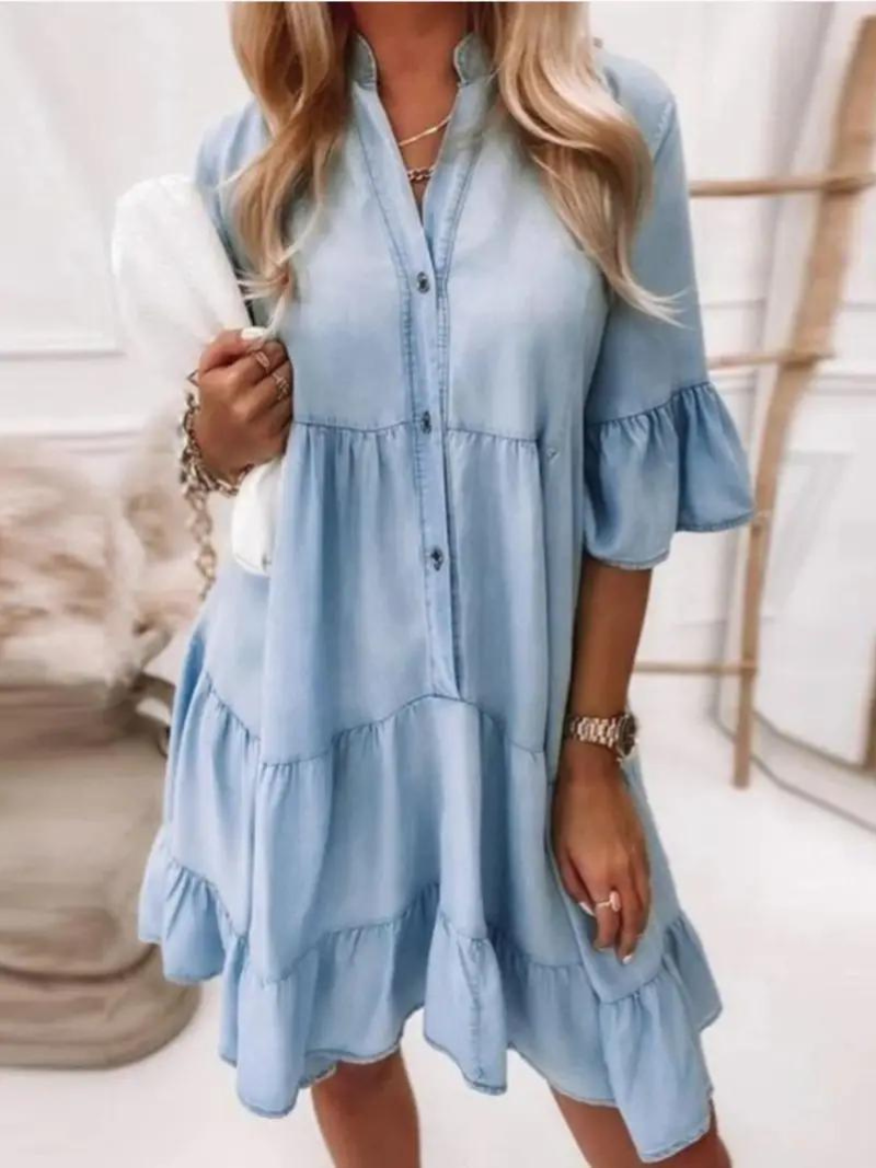 Denim Dress, Loose Fit, Half Sleeve, Ruffle Dress, Summer Dress-Fashion Nora